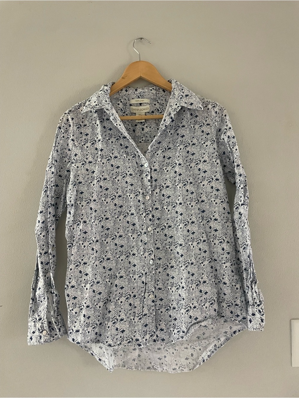 Cynthia Rowley White Shirt with Navy Floral Print